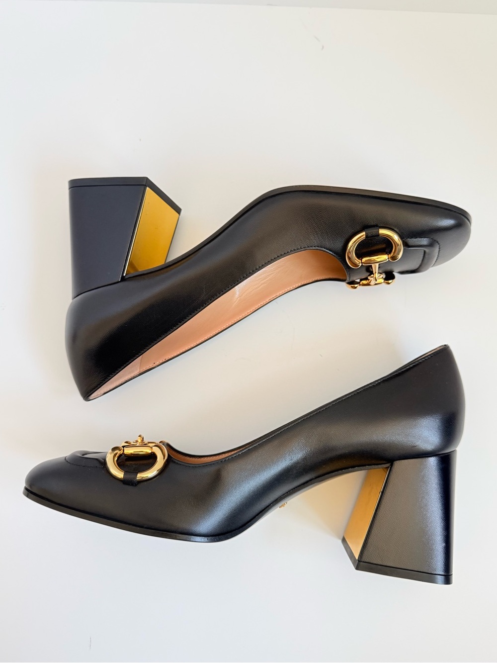 Gucci Malaga Kid Leather baby Horsebit Pumps Black Gold Block Heel EU 39 New - Picture 6 of 11